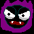 Pixelated purple character with black face, white eyes, and red teeth in five distinct expressions across a