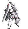 Four sequential poses of a white and gray mecha with red accents, holding various weapons against a solid light gray background.