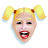 Pixelated cartoon face with blonde pigtails showing four sequential expressions: open mouth, closed lips, eyes closed, and pink bubblegum puff.