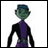 Pixelated character with green skin and blue hair in purple and black outfit against white background, next to black with white text