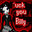 A 4x4 contact sheet of animated frames showing a cartoon character with white face and purple hair against red background, each frame displaying the text "fuck you Billy" in red pixelated font.