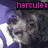 Pixelated image of a person with dark hair and purple clothing, featuring changing pink text overlays including 'hercules' and '<33'.