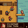Pixel art scene showing four characters on a wooden ship deck with water background, one character speaking in text box.