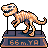 Pixel art of a T-Rex skeleton on display, standing on a dark blue base with orange trim and visible text.