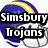 Two blue football helmets with yellow stripes, one displaying "Simsbury Trojans" text and the other showing "#5" text.