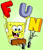 Static pixelated cartoon icon of Spongebob Squarepants holding three large letters on sticks against a light green background.