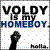 Pixelated graphic with bold text 'VOLDY IS MY HOMIEBOY.' and a raised fist silhouette on white background.