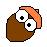 Brown acorn-shaped character with orange cap and large white eyes, shown in three states: static pose, side view, and animated movement with floating squares.