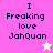 Pixelated text reads "I Freaking love JahQuan" on a pink background with two star icons, one white and one pink.