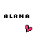 Pixelated static icon featuring black text "ALANA" and a pink heart symbol on white background.