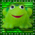 Green pixelated frog with large eyes and red mouth, framed by green striped border on white dotted background.