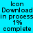 Pixelated text displays download progress on a cyan background with green gradient accents, showing 'icon', 'Download in processin 1% complete' repeated twice.