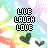 A vertical of repeating pixel art icons with 'LIVE LAUGH LOVE' text, rainbow swirls, and heart symbols on a white background