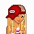 Pixelated cartoon character with red cap and blonde hair next to partial body views of a person in striped top, jeans, and high heels on blue text background.