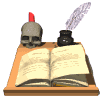 Animated sequence of a skull, inkwell, and feather quill above an open book on a wooden desk, showing page-turning motion.
