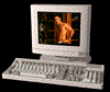 Four computer monitor displays show of a shirtless man in various poses against different backgrounds