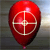 A red balloon-shaped icon with a white crosshair symbol on its surface, set against a blurred background with horizontal stripes and a light gradient.