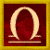 A square icon with a golden border contains a large white omega symbol on red background, next to green text reading "Original Icons .com" on dark green.