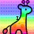 Pixelated rainbow giraffe with purple antennae, blue head, green neck, orange body, pink legs, and black outline against a rainbow striped background with text overlays.