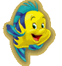Yellow fish with blue stripes and fins, smiling face, three bubble positions across frames.