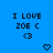 Blue background with black pixelated text 'I LOVE ZOE C' and '<3', two heart symbols at bottom, one solid and one outlined.