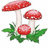 Pixelated image of three red-capped mushrooms with white stems and green foliage on a plain background.