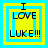 Four identical pixelated icons display "I LOVE LUKE!!!" text with alternating blue and yellow square borders on a cyan background.