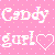 Pixelated pink background with white text reading 'Candy girl' and a heart symbol, featuring light brown and purple dot accents.