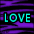 A four- displays text fragments 'LOVE', 'IS THE', and 'WORD!!' over colorful, pixelated backgrounds with distinct patterns