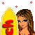 Pixel art contact sheet of a 4-frame animation featuring a cartoon woman in red swimsuit with yellow accents, surrounded by text elements and red diamond shapes on white background.