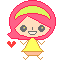 Pixel art character with pink hair and yellow dress, two variations showing different facial expressions and poses against gray background.