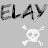 A 48x48 pixel buddy icon featuring the text "ELAY" in two styles (black and red) above a white skull-and-crossbones symbol on a gray background.