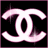 Pixelated white stylized double-C symbol with pinkish-purple gradient on black background, framed by thin purple border.