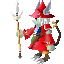 Pixel art character in red robe and hat holding staff, shown across multiple poses with weapon animation effects.