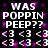Pixelated text and symbols on a black background with purple sparkles, featuring repeated phrases and heart-like shapes.
