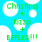 Pixelated green text on a bright blue background with white cloud shapes, displaying 'Christina + Rizzo + BFFLES!!!' in a static layout.
