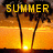 Pixelated beach scene with palm trees, orange sunset sky, and water reflecting light, featuring yellow text 'SUMMER' and '_07' at top.