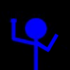 Two blue stick figures on black background, one with arms raised in V-shape and the other pointing upward.
