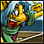 Pixelated character with light blue hair and green scarf points upward, mouth open in excitement, against a background of water and wooden planks.