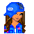 Pixel art contact sheet showing a female character in blue and pink attire with multiple views including full-body, torso, legs, headshot, text overlays, and gray background.