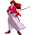 6-frame animated contact sheet of a pixel-art character in traditional Japanese attire holding a sword with motion effects.