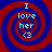 Four identical pixelated spiral patterns with red and blue concentric rings, each containing light cyan text reading "I love her <3" in a vertical stack.