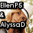 Pixelated image of two women with overlaid text reading "EllenP5", "AlyssaD", "are Huge", "Emma Watson Fans!" in white letters on black rectangles.