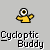 Pixelated icon of a yellow-shirted figure with one large eye, arms outstretched against gray background, below text reading 'Cycloptic Buddy' in blocky font.