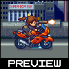 Pixel art of a character with brown hair in a ponytail riding an orange motorcycle, firing a weapon at night.