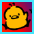 Pixelated yellow chick with black outline, small beak, and two antennae-like protrusions on head against red-to-purple gradient background.