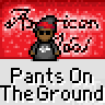 Animated contact sheet of a pixel art character with red headband and gray outfit performing hand gestures against red background, repeated across multiple frames with text "Pants On The Ground" below each frame.