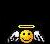 Animated yellow smiley face with white wings and golden halo against black background, showing wing movement across frames.