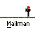 Pixel art animation of a mailman character in blue and red uniform with white cap, interacting with a black mailbox with red flag, on gray background with green grass strip.
