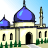 Pixelated image of a building with two blue domes, a tall minaret, and light-colored walls under a clear sky.